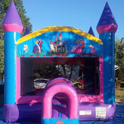 Princess-themed pink and purple castle bounce house